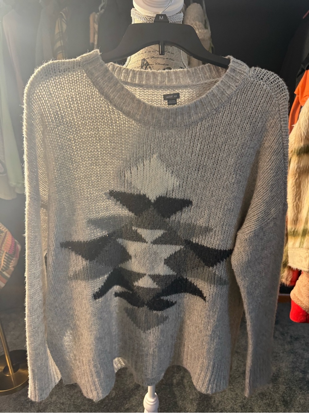 aerie Gray Crewneck Sweater with Black & Light Gray Geometric Design